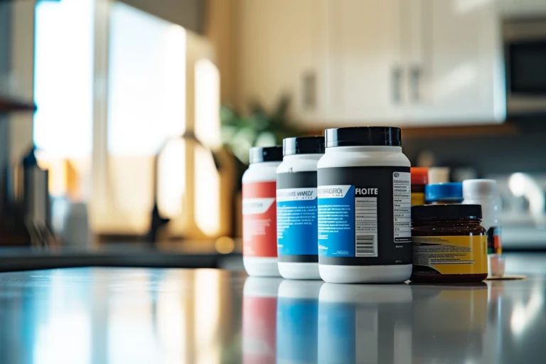 pots de créatine et de whey dans une cuisine