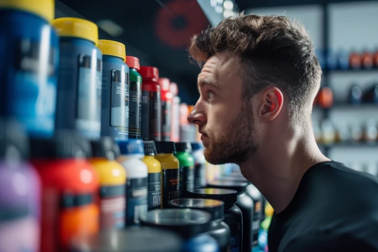 homme musclé regardant des pots de créatine monohydrate