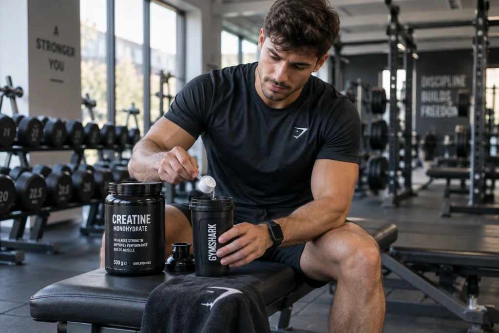 Sportif préparant un shaker de créatine dans une salle de musculation