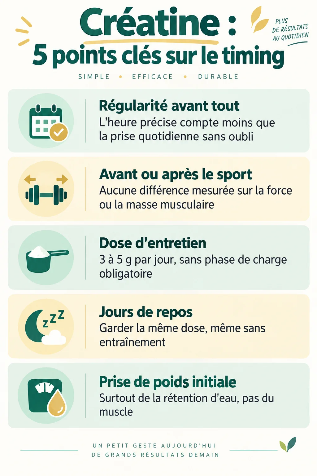 Créatine : 5 points clés sur le timing : Régularité avant tout, Avant ou après le sport, Dose d'entretien, Jours de repos, Prise de poids initiale