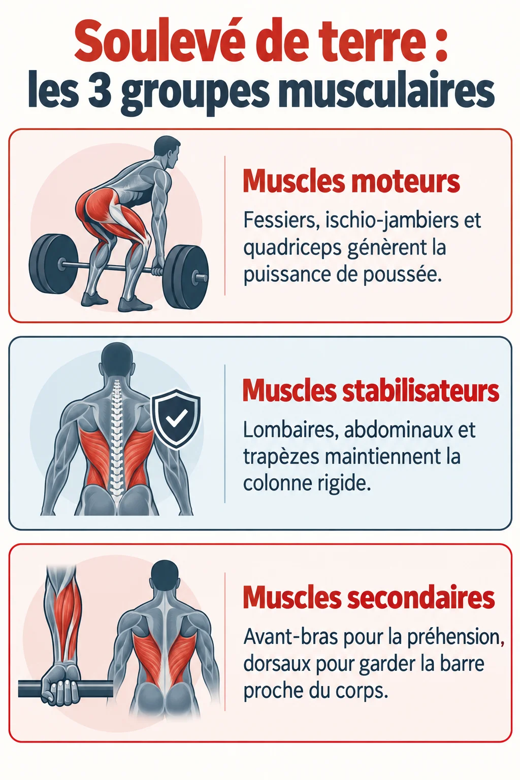 Soulevé de terre : les 3 groupes musculaires : Muscles moteurs, Muscles stabilisateurs, Muscles secondaires