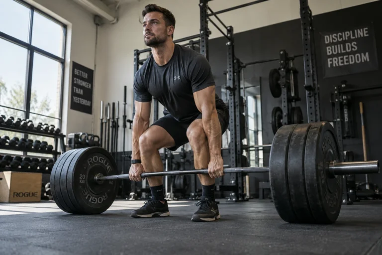 Homme exécutant un soulevé de terre avec barre chargée en salle de musculation