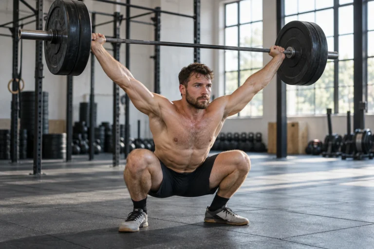 Athlète en réception de snatch en squat complet, barre verrouillée au-dessus de la tête dans une box de CrossFit