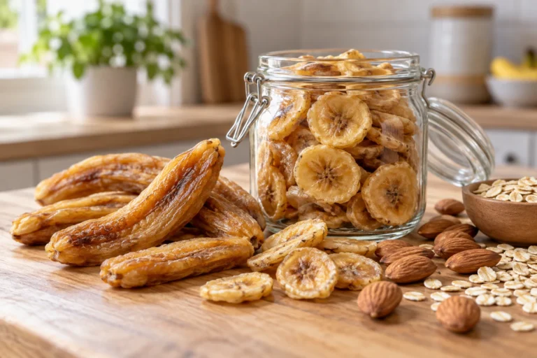 Bananes séchées entières et rondelles dans un bocal en verre sur une table en bois