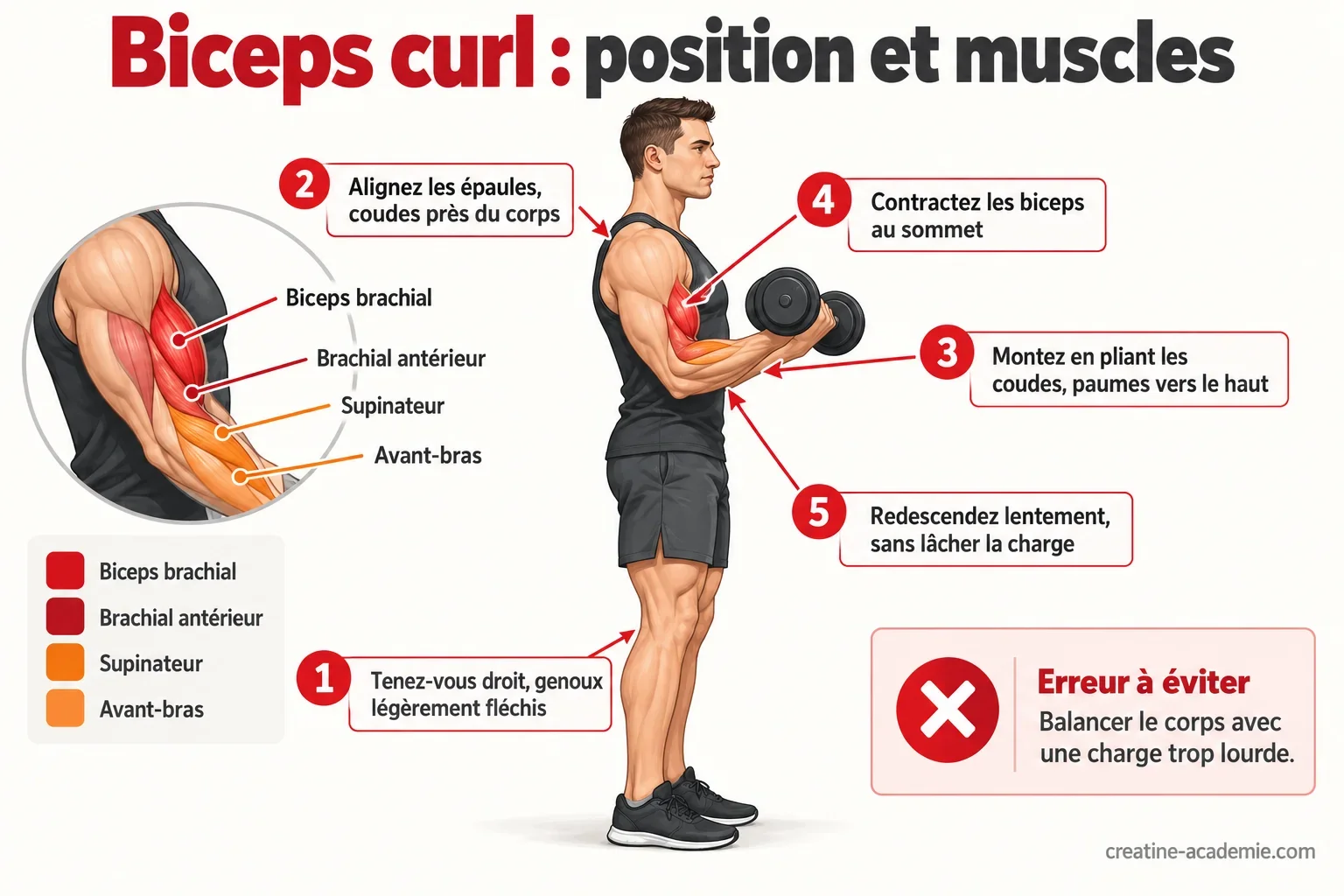 Schéma du biceps curl avec haltères vu de profil : posture droite, coudes près du corps, biceps et brachial antérieur mis en évidence.