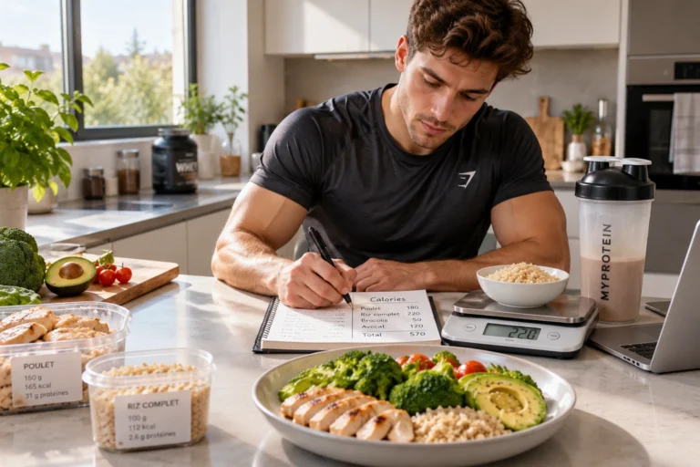 Pratiquant de musculation calculant son métabolisme de base dans un carnet, avec un repas équilibré à côté
