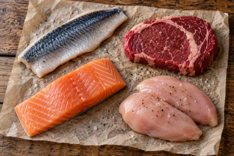 Hareng, saumon, bœuf et poulet crus disposés sur une table en bois, sources alimentaires de créatine