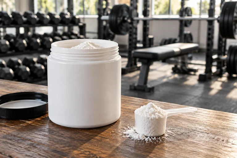 Pot de créatine monohydratée avec sa dosette posé dans une salle de musculation, haltères en arrière-plan