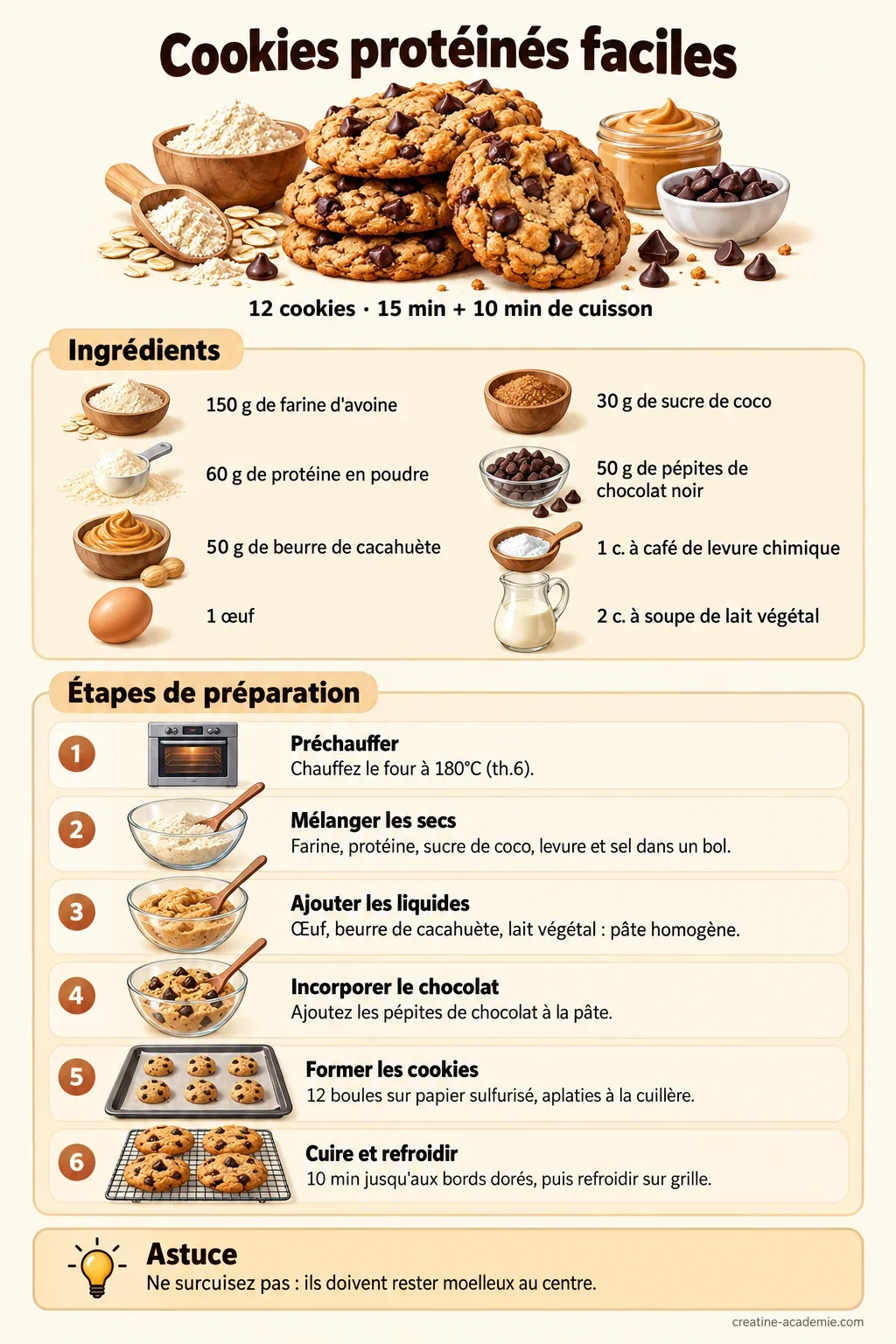 Fiche recette des cookies protéinés : ingrédients avec quantités et étapes de préparation, 25 minutes, 12 cookies