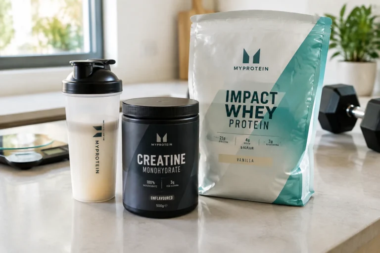 Shaker, pot de créatine et sachet de whey posés sur un plan de travail avec une haltère en arrière-plan
