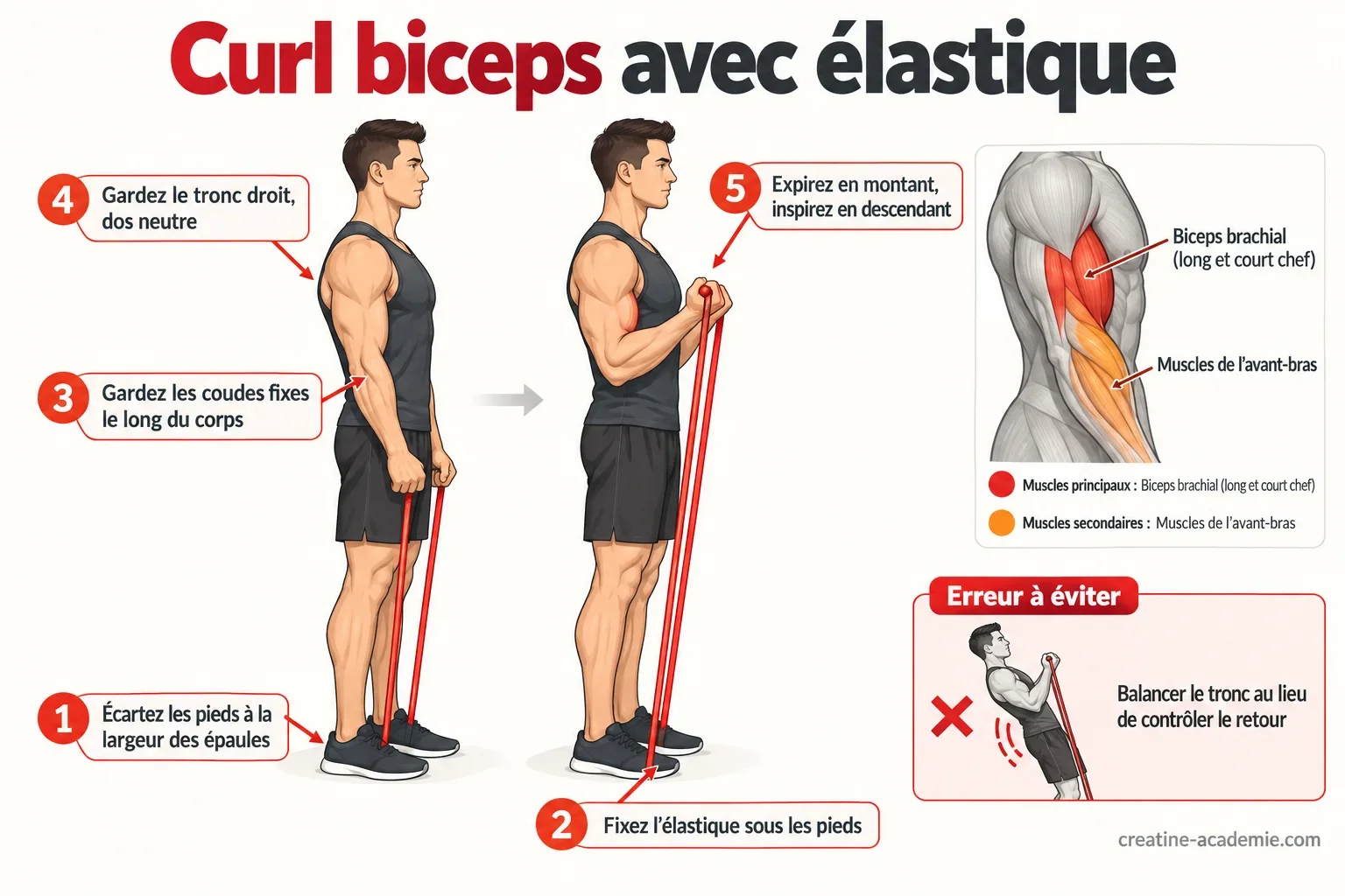 Schéma du curl biceps avec élastique en profil : position, muscles travaillés et points de technique
