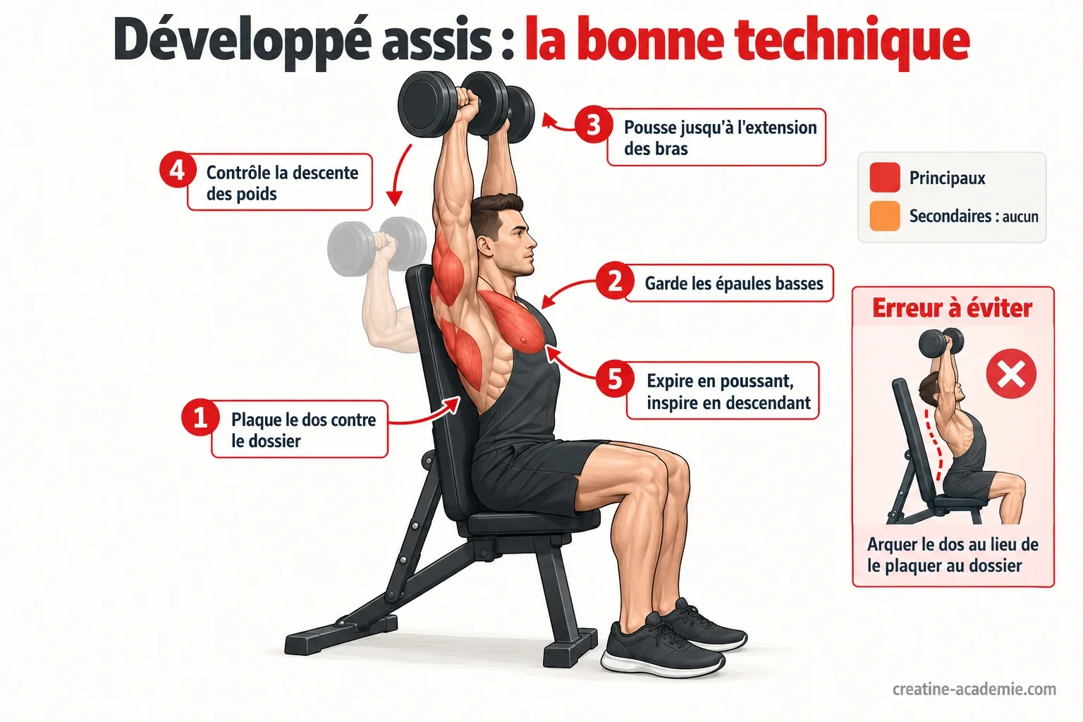 Schéma de profil du développé assis sur banc incliné avec les pectoraux, deltoïdes antérieurs et triceps mis en évidence