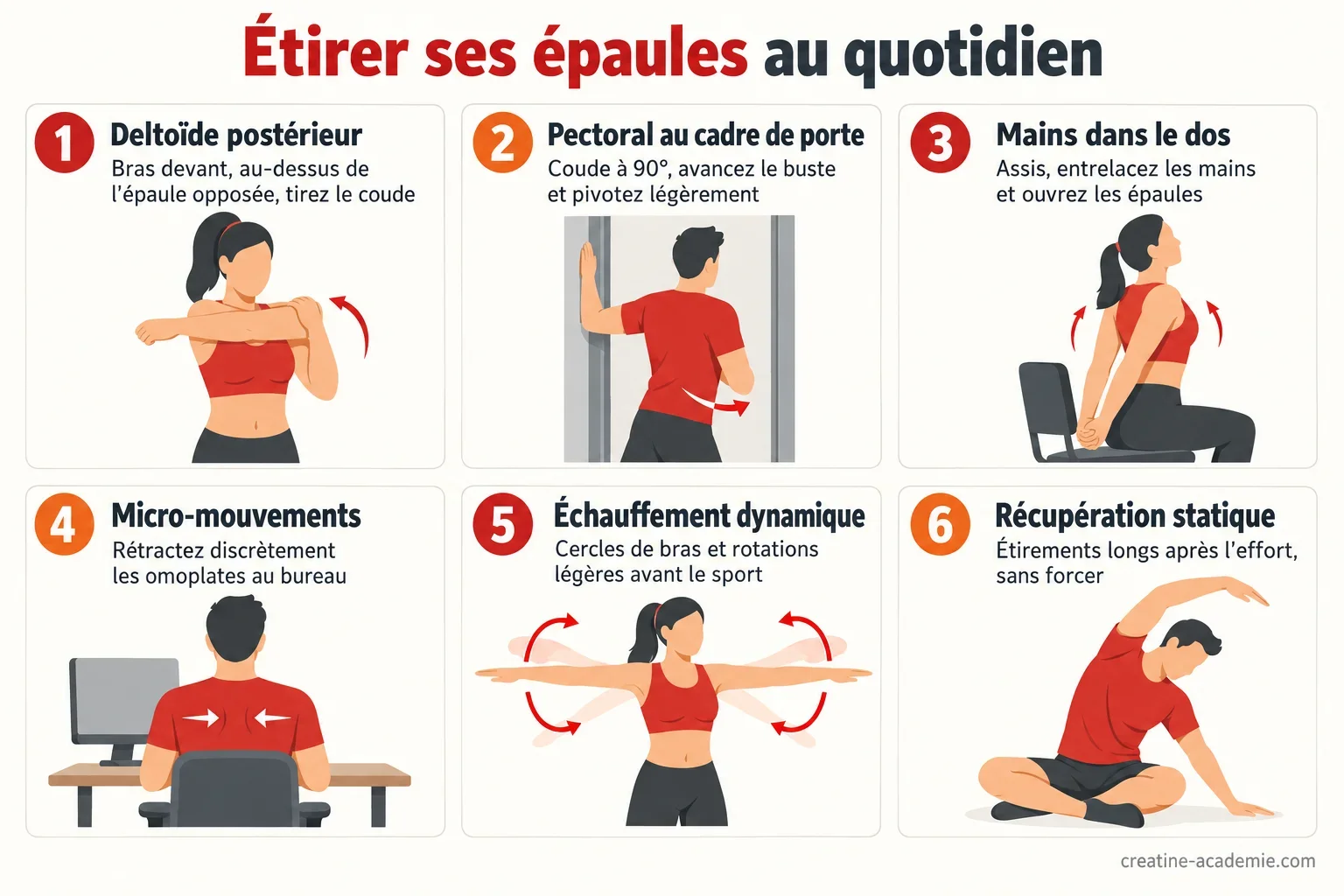 Schéma des étirements d'épaule : deltoïde postérieur, pectoral au cadre de porte et mains dans le dos, avec points de technique