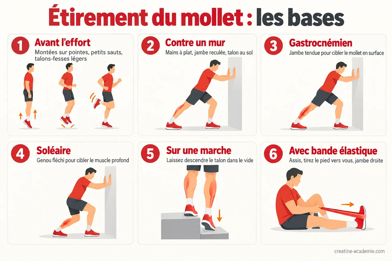 Schéma d'étirement du mollet contre un mur, talon au sol, avec le triceps sural mis en évidence