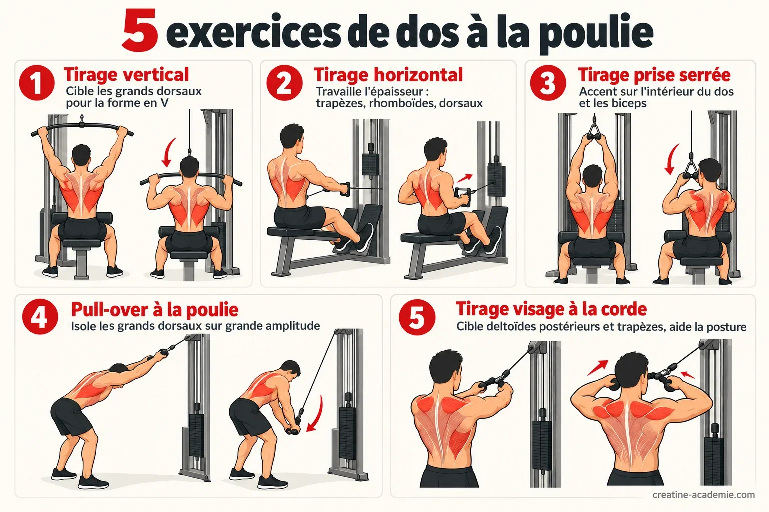 Schéma des exercices de dos à la poulie : tirages vertical et horizontal, pull-over, muscles ciblés et points de technique