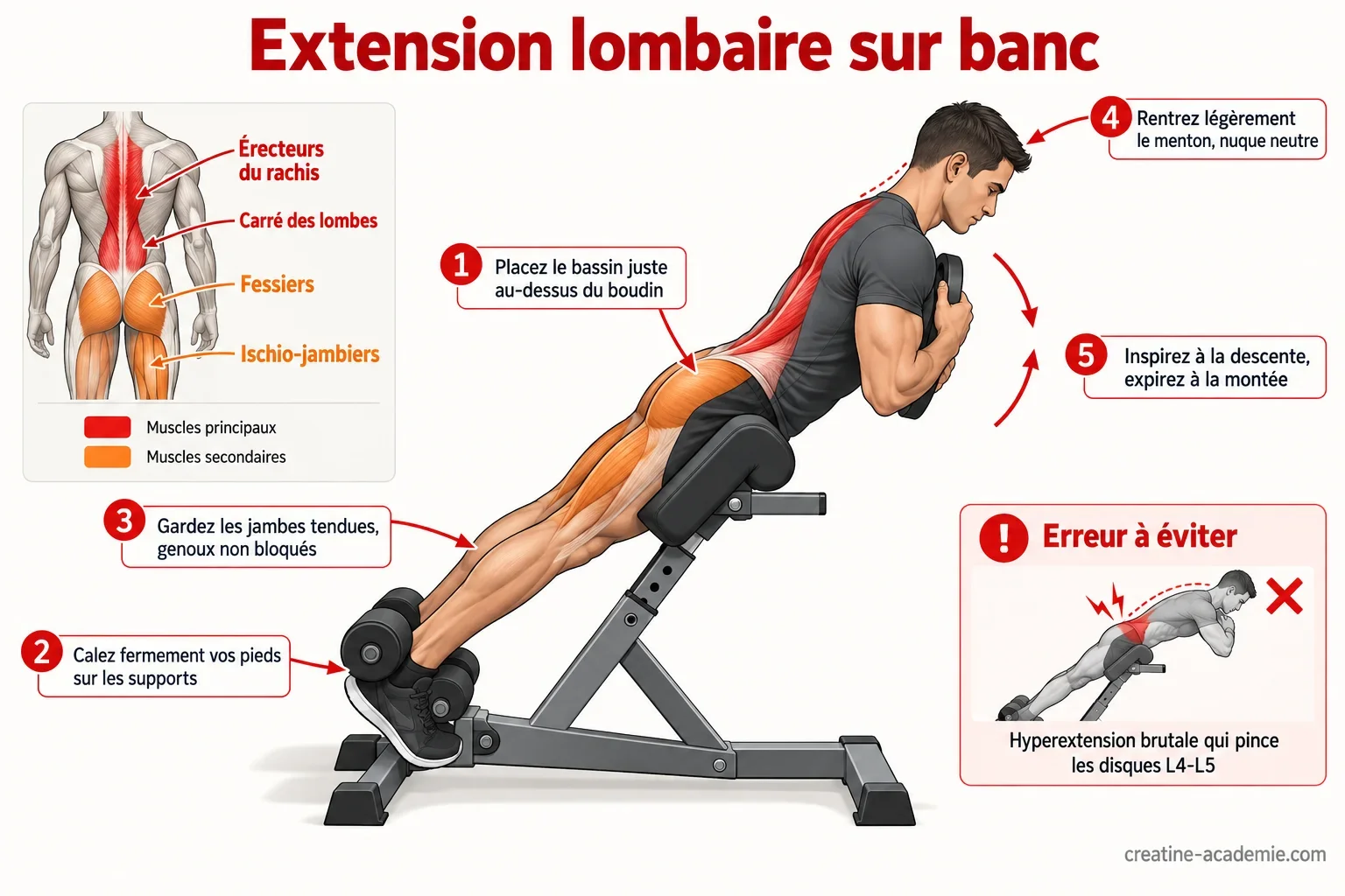 Schéma de l'extension lombaire sur banc à 45° : position de profil, muscles lombaires sollicités et points de technique clés