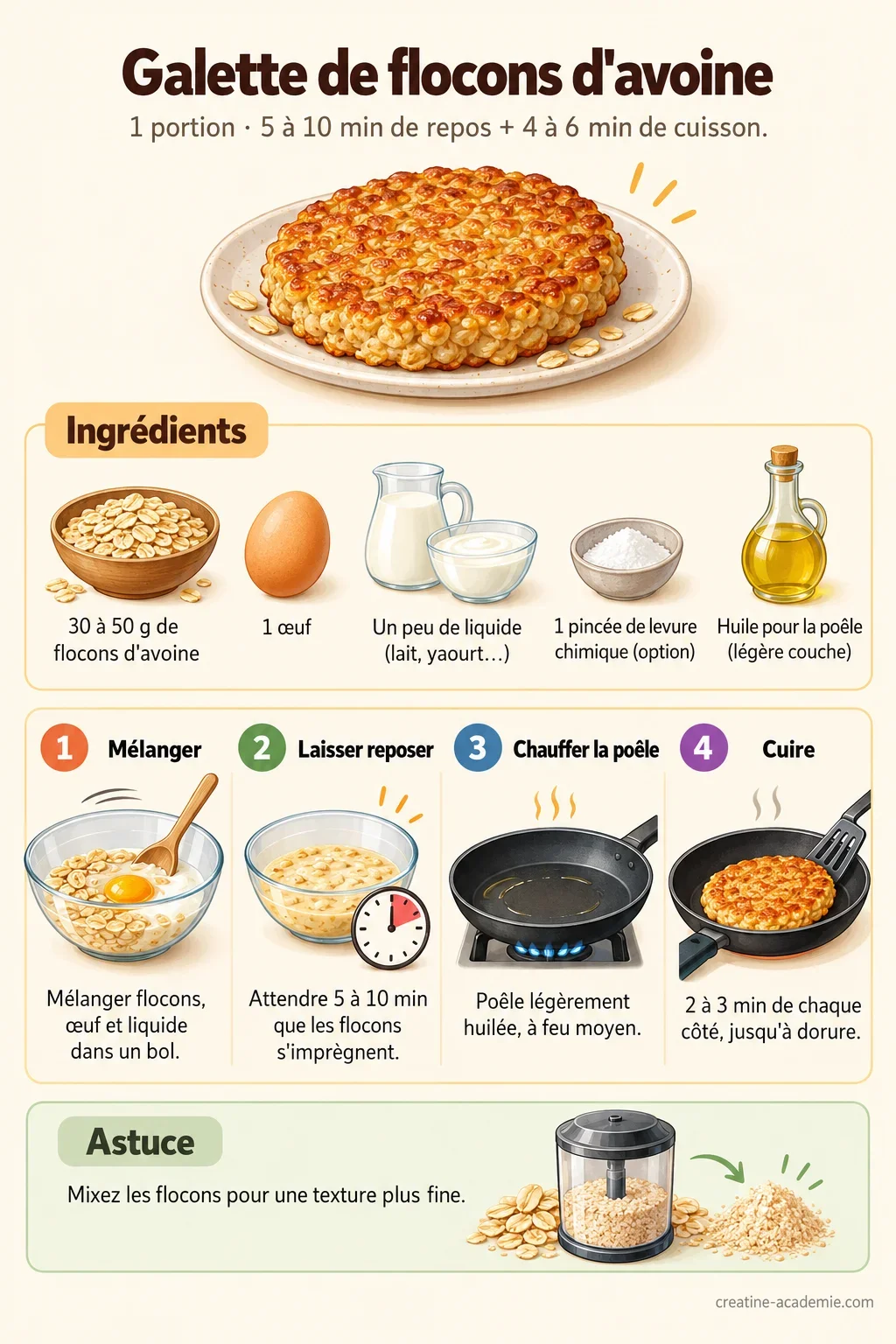 Fiche recette de galette de flocons d'avoine pour le petit-déjeuner avec ingrédients et étapes de cuisson
