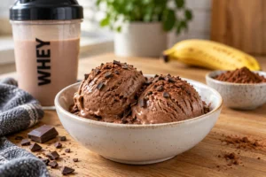 Boules de glace protéinée au chocolat dans un bol, avec banane, cacao et shaker de whey en arrière-plan