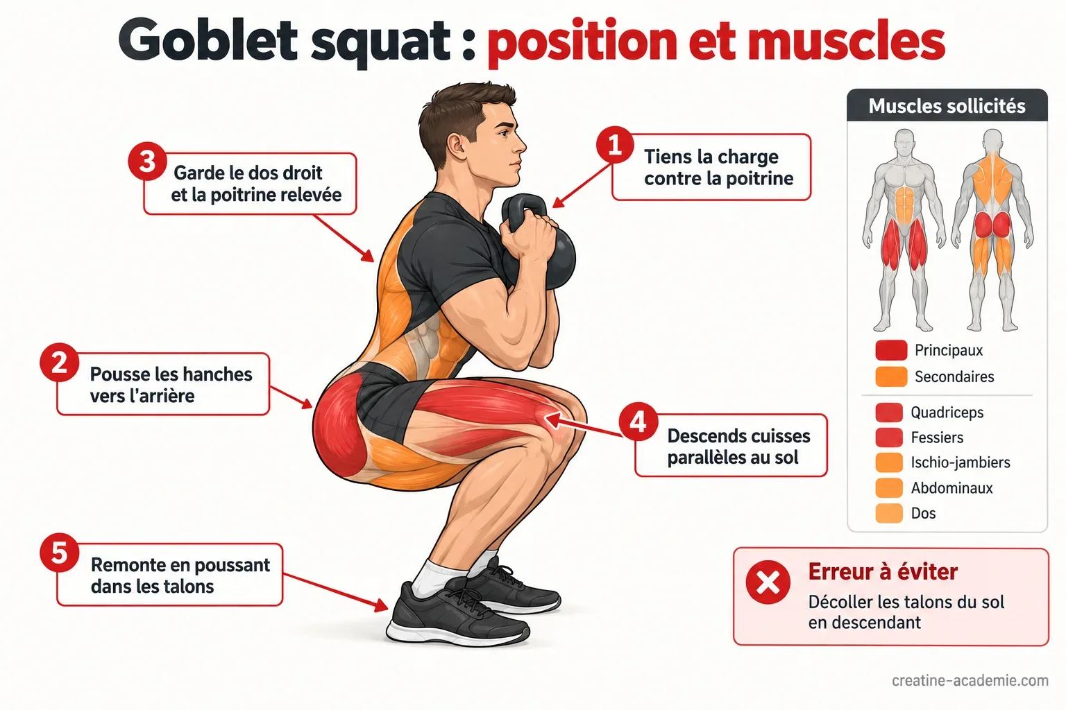 Schéma du goblet squat de profil : kettlebell contre la poitrine, dos droit, quadriceps et fessiers surlignés