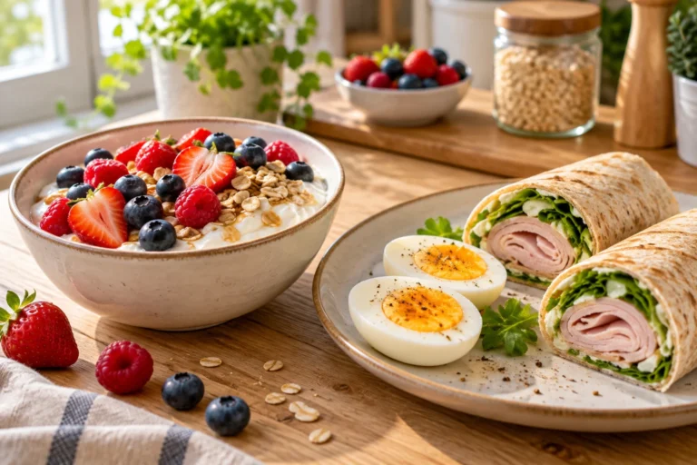 Bol de skyr aux fruits, œufs durs et wrap jambon de dinde pour un goûter protéiné