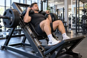 Pratiquant en pleine exécution d'un hack squat sur une machine guidée en salle de sport