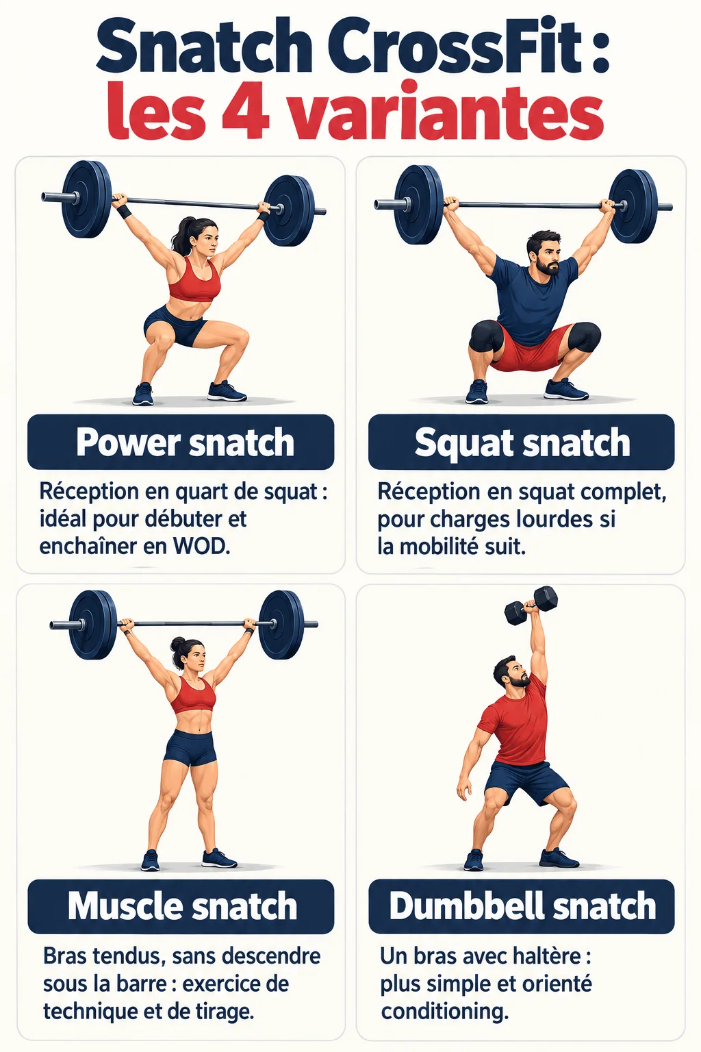Snatch CrossFit : les 4 variantes : Power snatch, Squat snatch, Muscle snatch, Dumbbell snatch