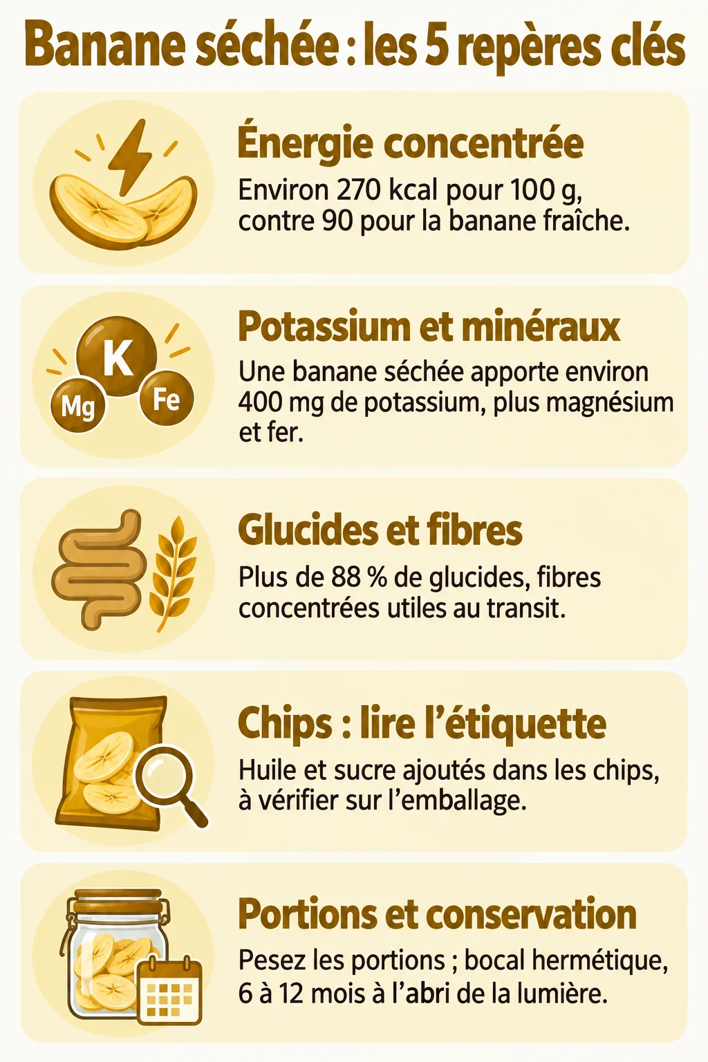 Banane séchée : les 5 repères clés : Énergie concentrée, Potassium et minéraux, Glucides et fibres, Chips : lire l'étiquette, Portions et conservation