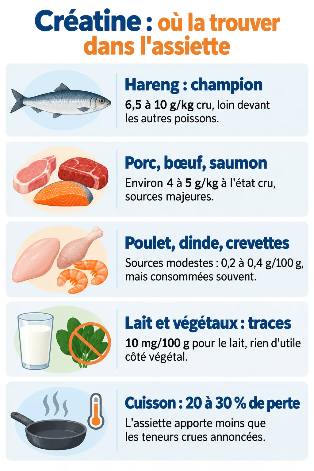 Créatine : où la trouver dans l'assiette : Hareng : champion, Porc, bœuf, saumon, Poulet, dinde, crevettes, Lait et végétaux : traces, Cuisson : 20 à 30 % de perte
