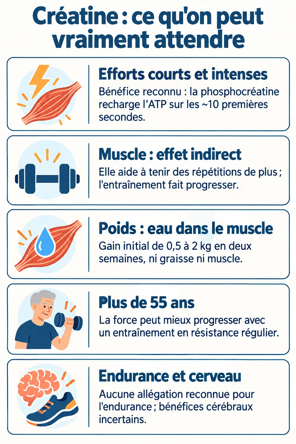 Créatine : ce qu'on peut vraiment attendre : Efforts courts et intenses, Muscle : effet indirect, Poids : eau dans le muscle, Plus de 55 ans, Endurance et cerveau