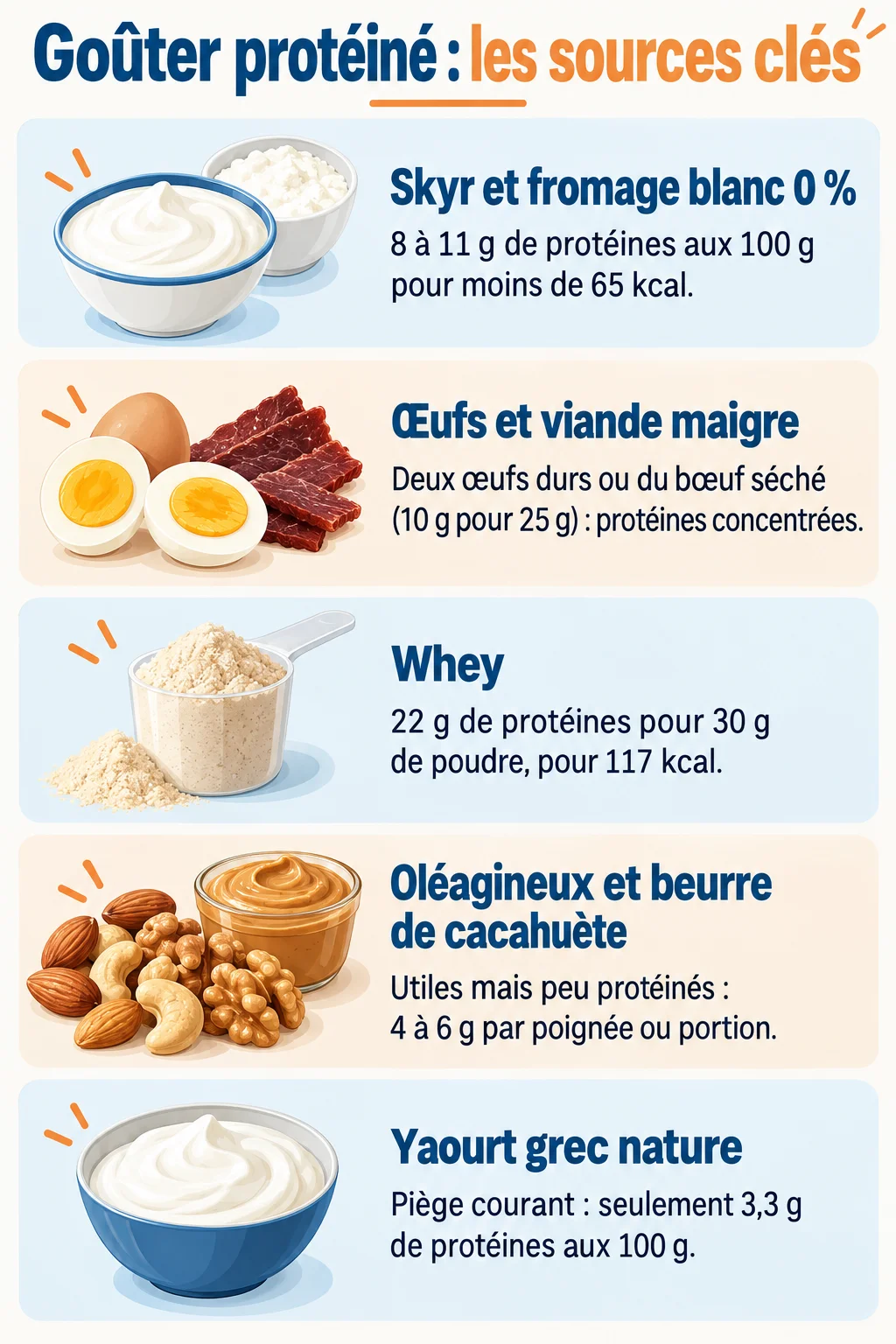 Goûter protéiné : les sources clés : Skyr et fromage blanc 0 %, Œufs et viande maigre, Whey, Oléagineux et beurre de cacahuète, Yaourt grec nature