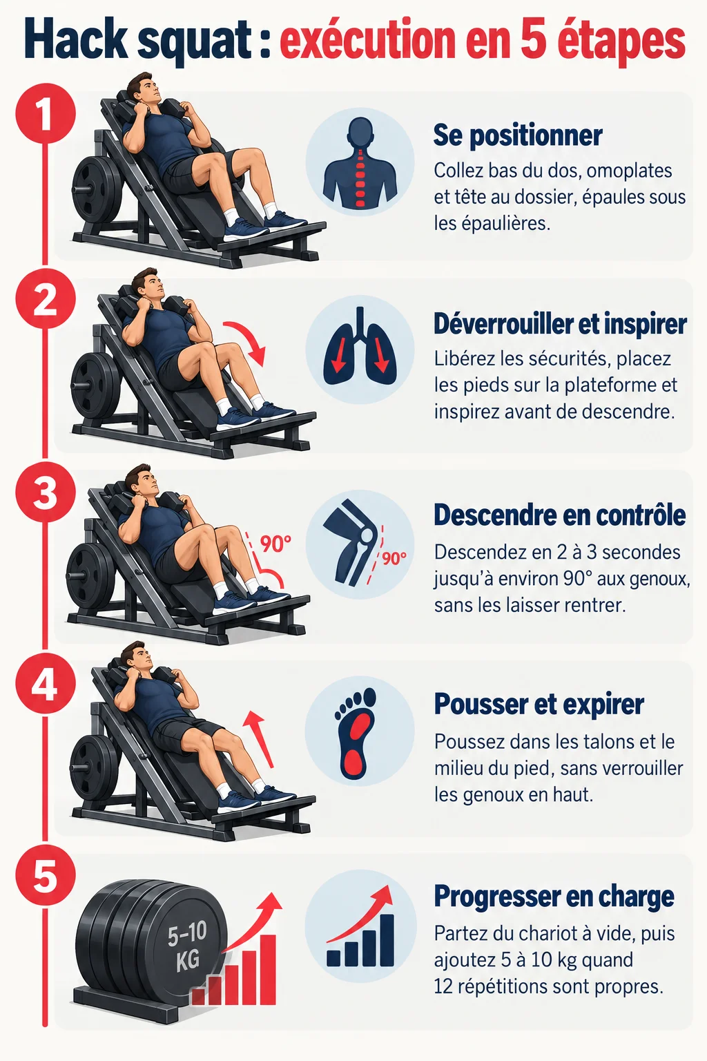 Hack squat : exécution en 5 étapes : 1. Se positionner, 2. Déverrouiller et inspirer, 3. Descendre en contrôle, 4. Pousser et expirer, 5. Progresser en charge
