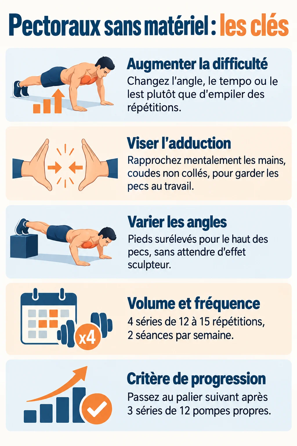 Pectoraux sans matériel : les clés : Augmenter la difficulté, Viser l'adduction, Varier les angles, Volume et fréquence, Critère de progression