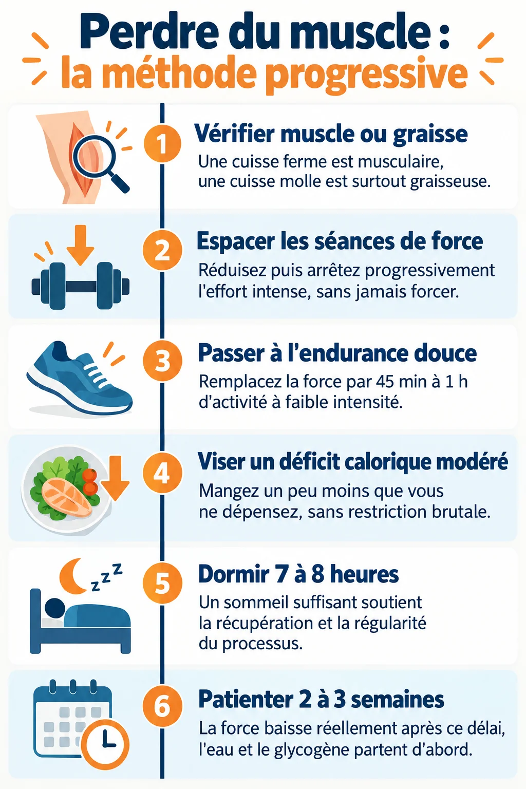 Perdre du muscle : la méthode progressive : 1. Vérifier muscle ou graisse, 2. Espacer les séances de force, 3. Passer à l'endurance douce, 4. Viser un déficit calorique modéré, 5. Dormir 7 à 8 heures, 6. Patienter 2 à 3 semaines