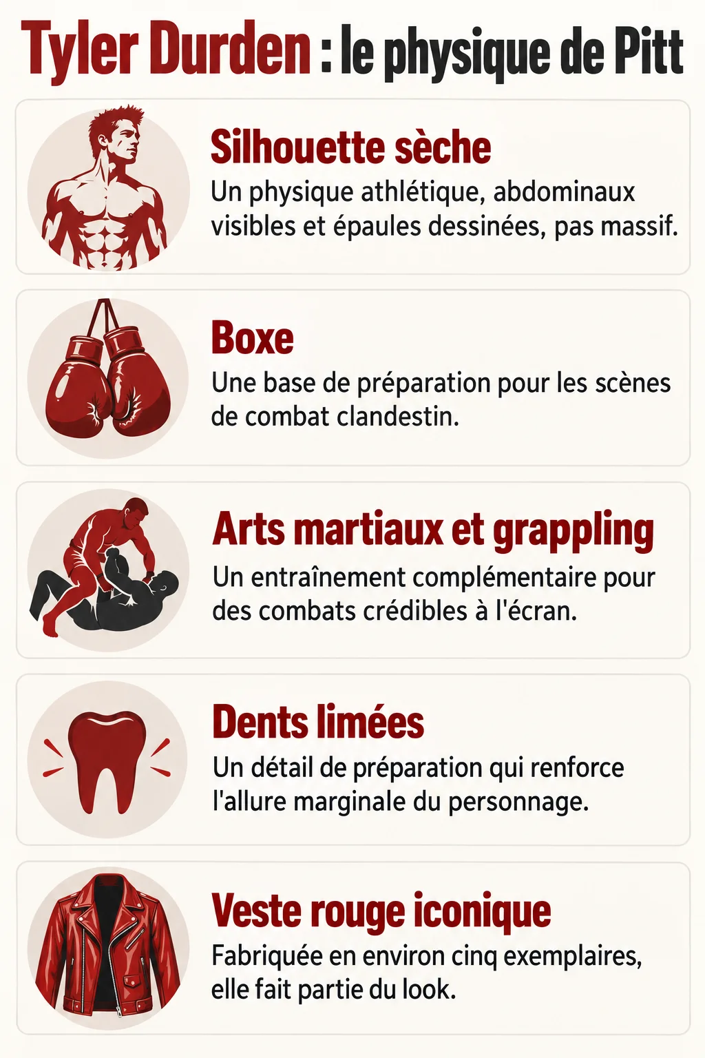 Tyler Durden : le physique de Pitt : Silhouette sèche, Boxe, Arts martiaux et grappling, Dents limées, Veste rouge iconique
