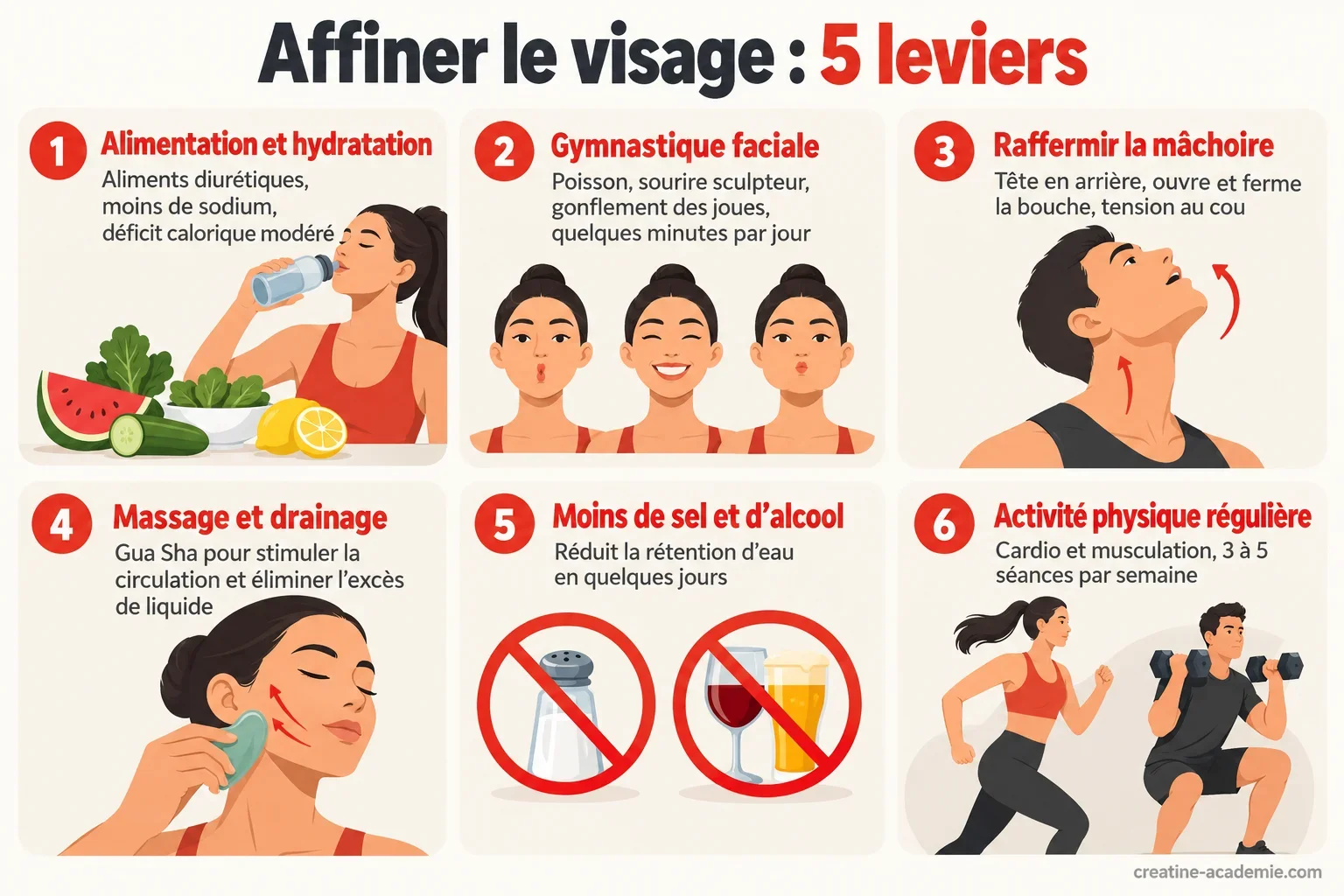 Schéma de visage de face montrant les exercices de gymnastique faciale et les zones musculaires des joues, pommettes et mâchoire