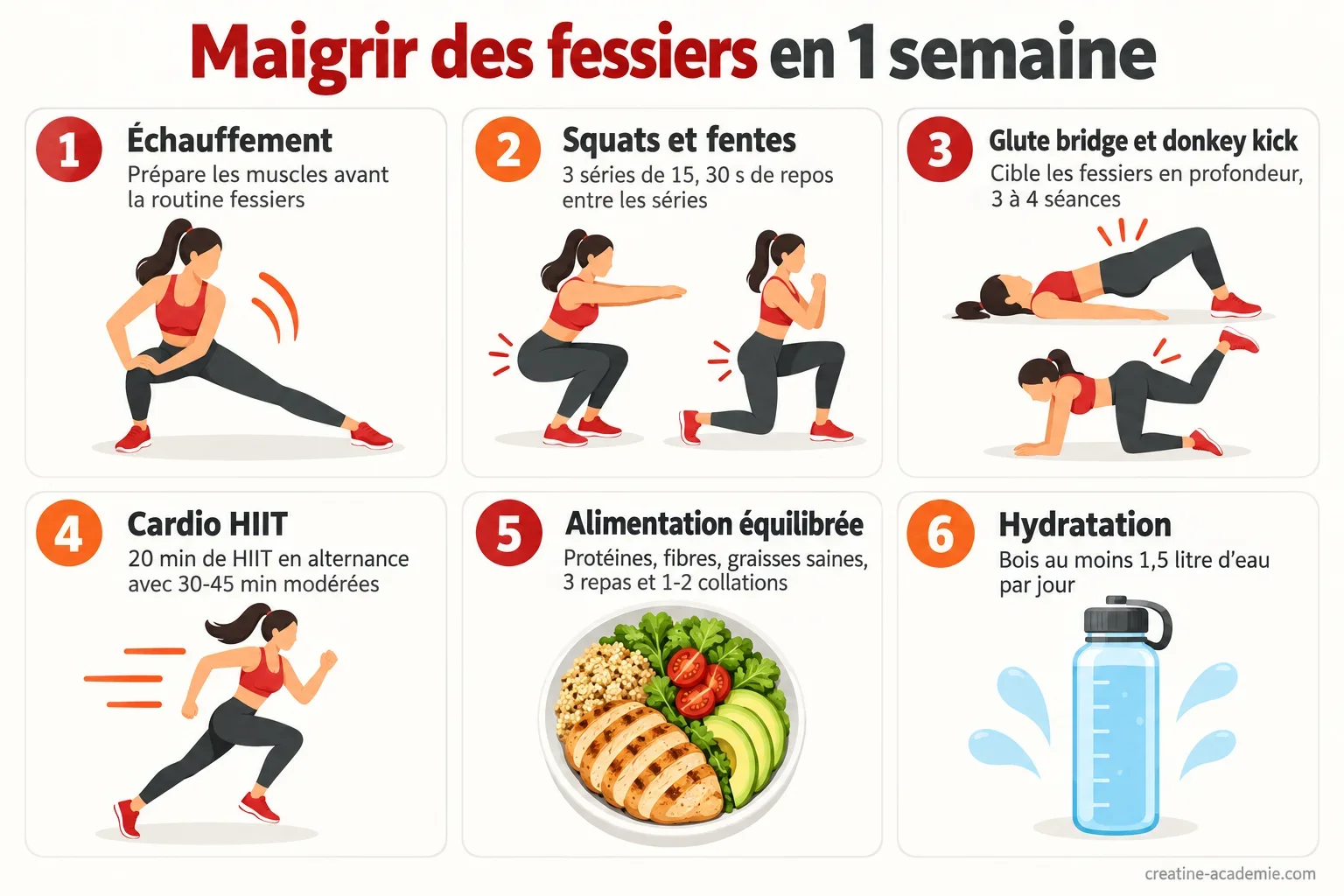 Schéma d'exercices pour maigrir des fessiers : squats, fentes, glute bridge, donkey kick, cardio et alimentation équilibrée