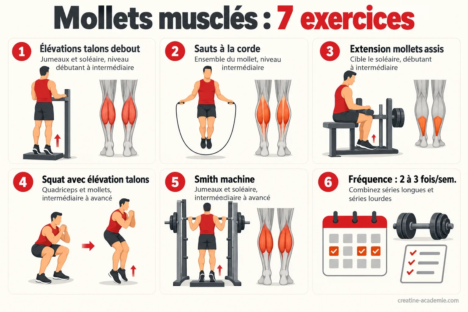 Schéma des mollets musclés : jumeaux et soléaire, 7 exercices, position de profil et points de technique clés