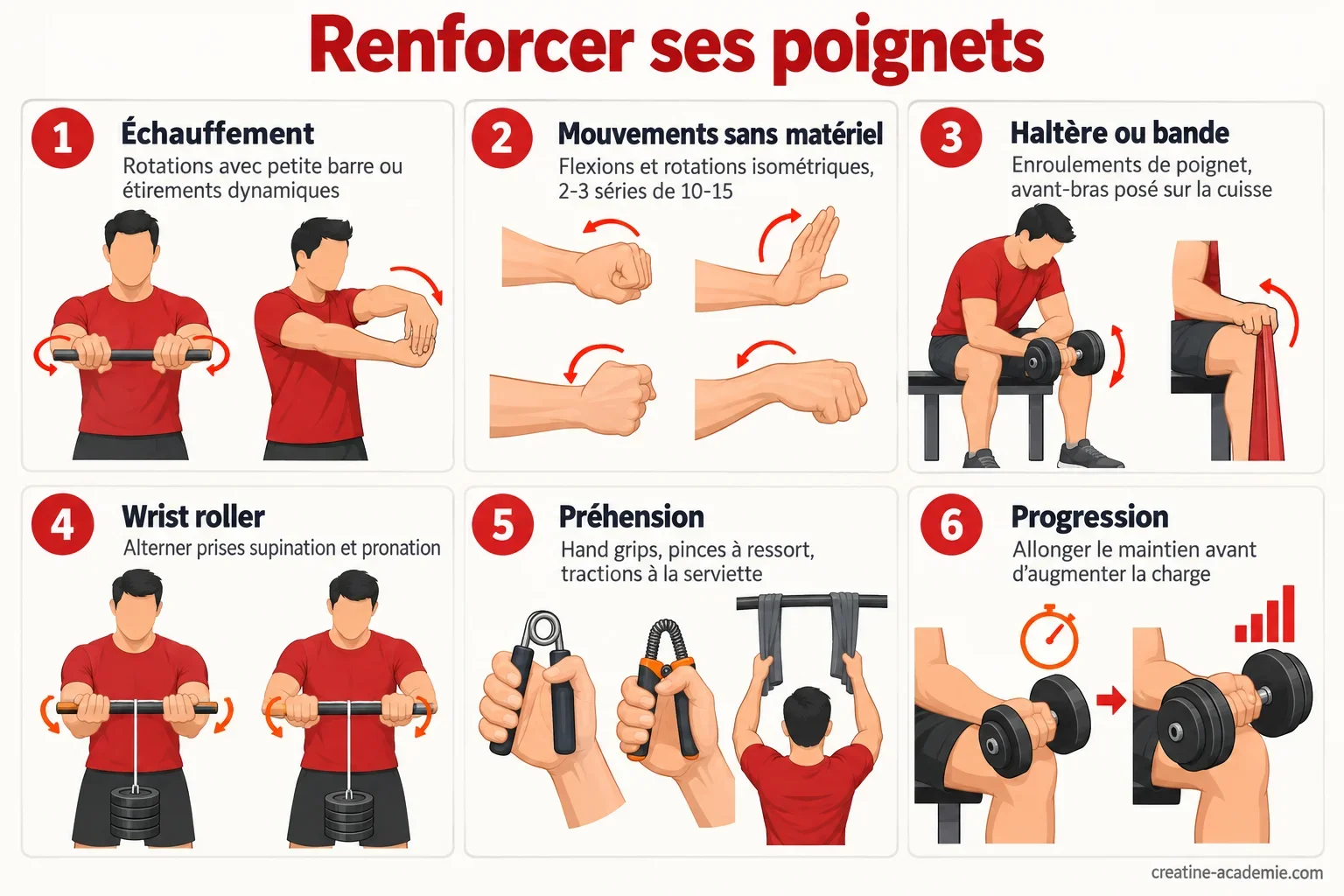 Schéma du renforcement des poignets : échauffement, enroulements avec haltère, wrist roller et travail de préhension, avec muscles de l'avant-bras