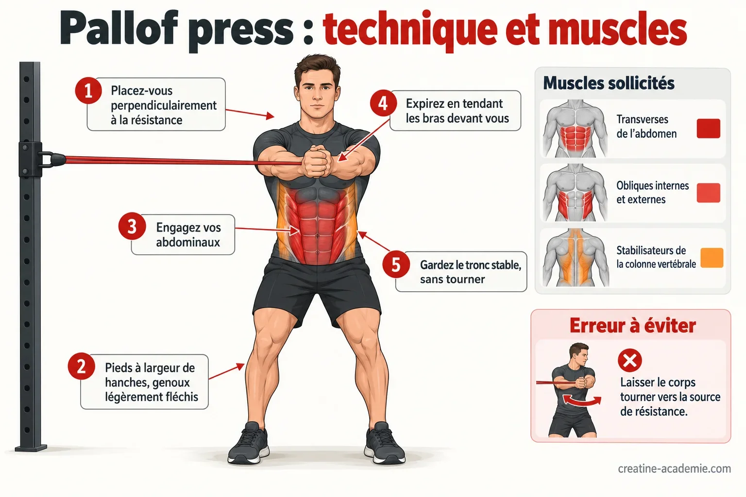Schéma du pallof press : athlète de face, bras tendus avec élastique, abdominaux transverses et obliques mis en évidence