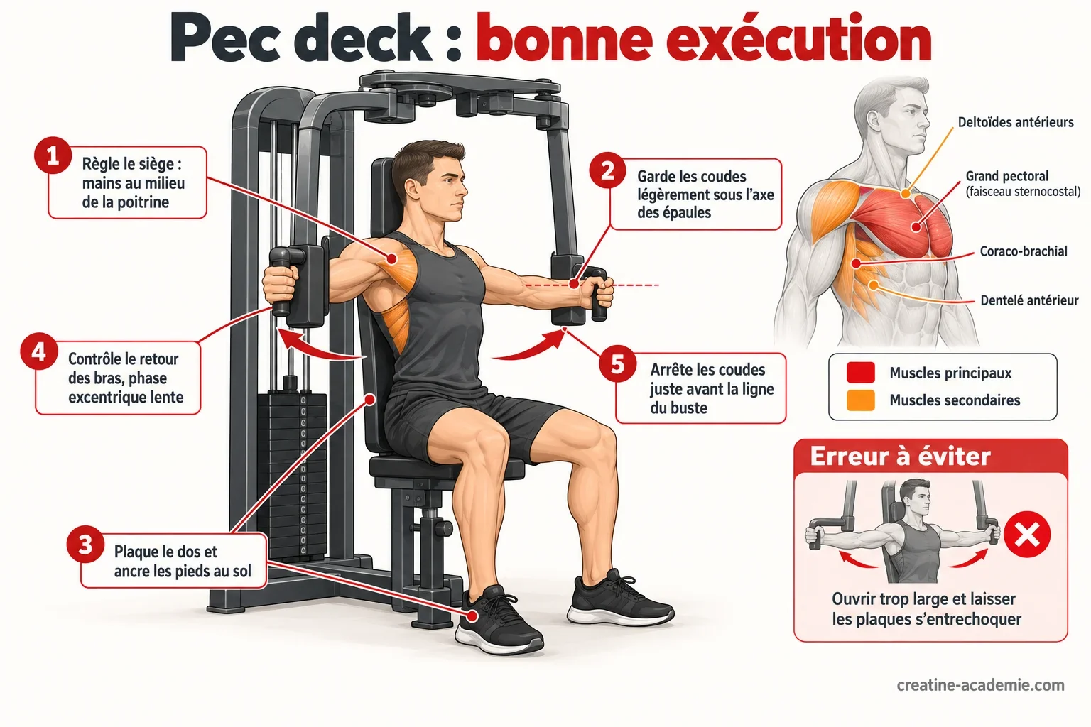 Schéma du pec deck vu de profil : position assise, dos plaqué, coudes sous les épaules, pectoraux et deltoïdes antérieurs travaillés.