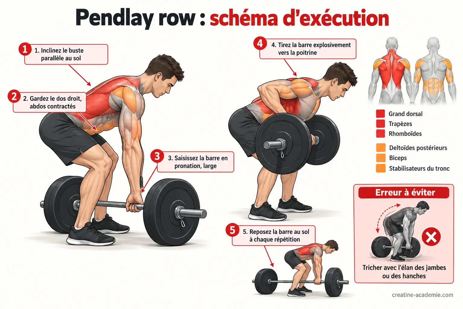 Schéma du pendlay row en vue de profil : buste parallèle au sol, barre tirée vers la poitrine, muscles du dos surlignés.