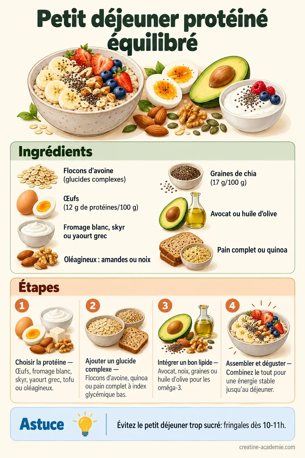 Fiche recette d'un petit déjeuner protéiné avec flocons d'avoine, œufs, fromage blanc, oléagineux et graines de chia