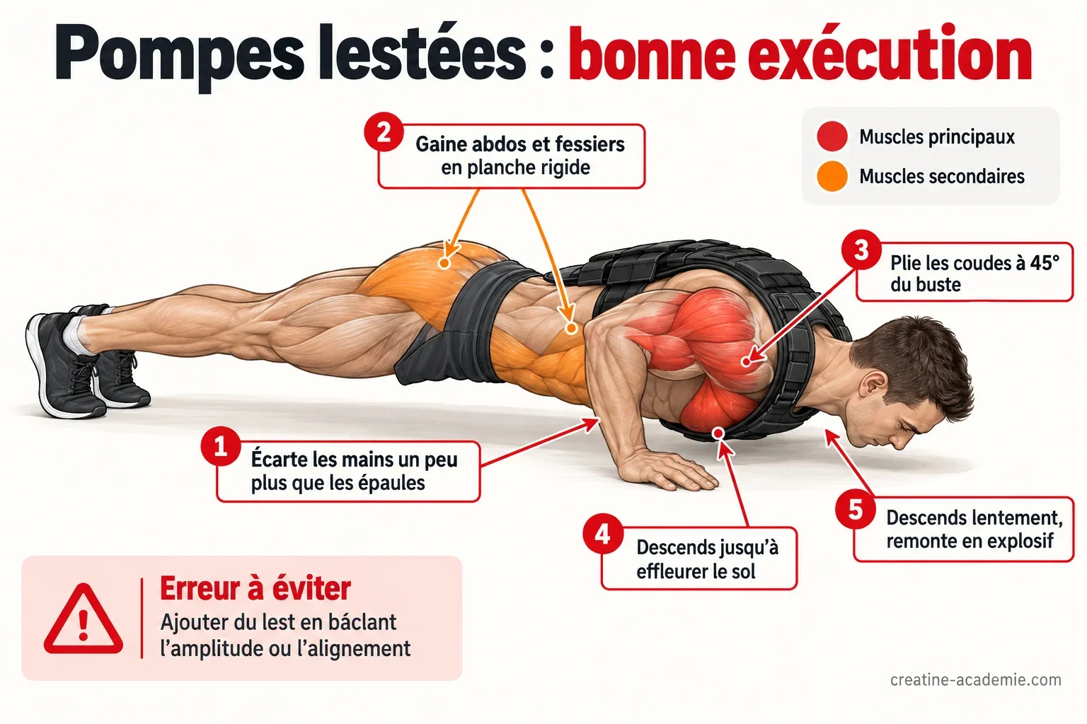 Schéma d'une pompe lestée vue de profil : corps gainé en ligne, lest sur le dos, muscles pectoraux, triceps et épaules surlignés.