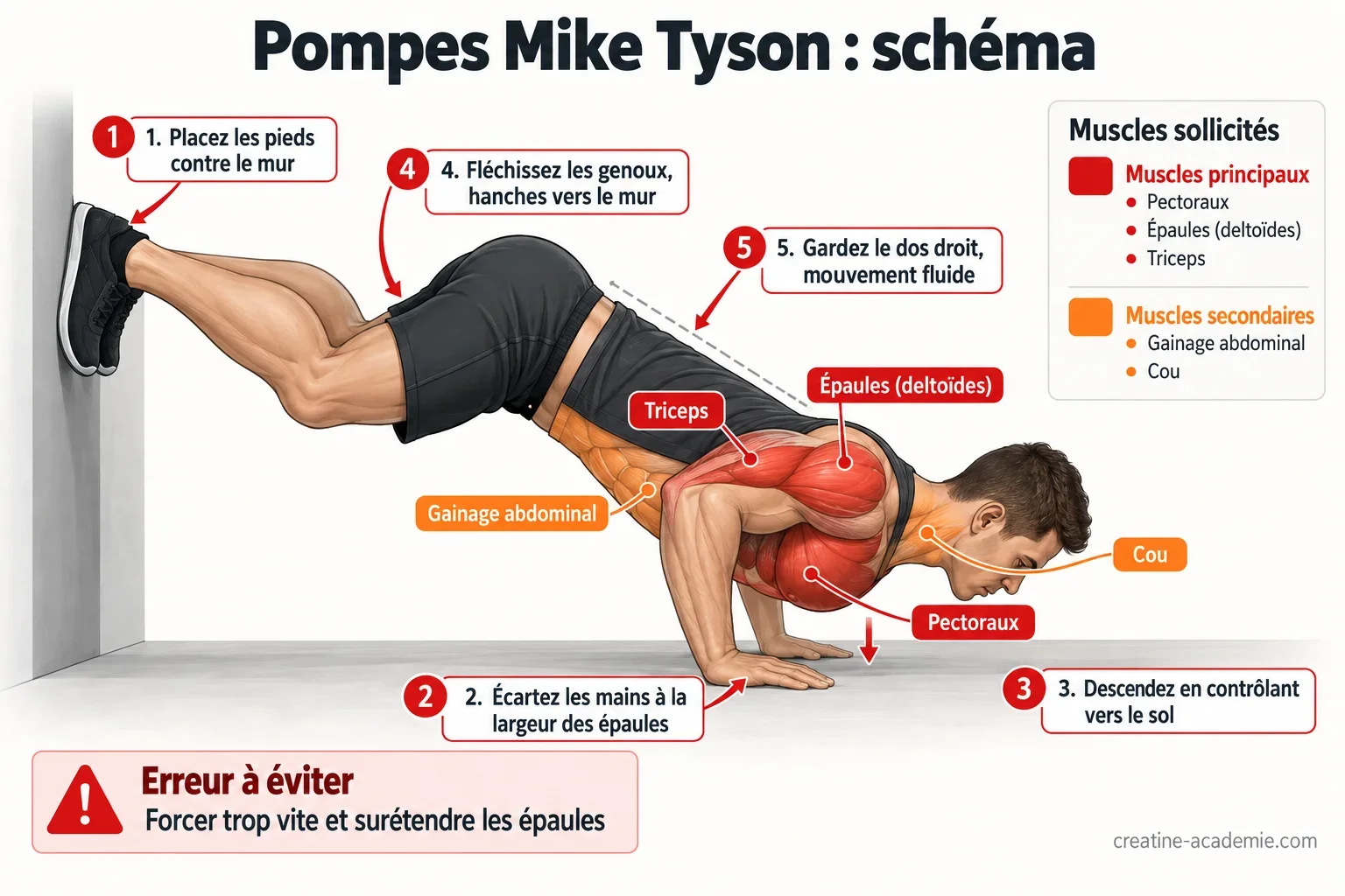 Schéma de profil des pompes Mike Tyson : pieds contre le mur, mains à largeur d'épaules, muscles pectoraux et triceps sollicités