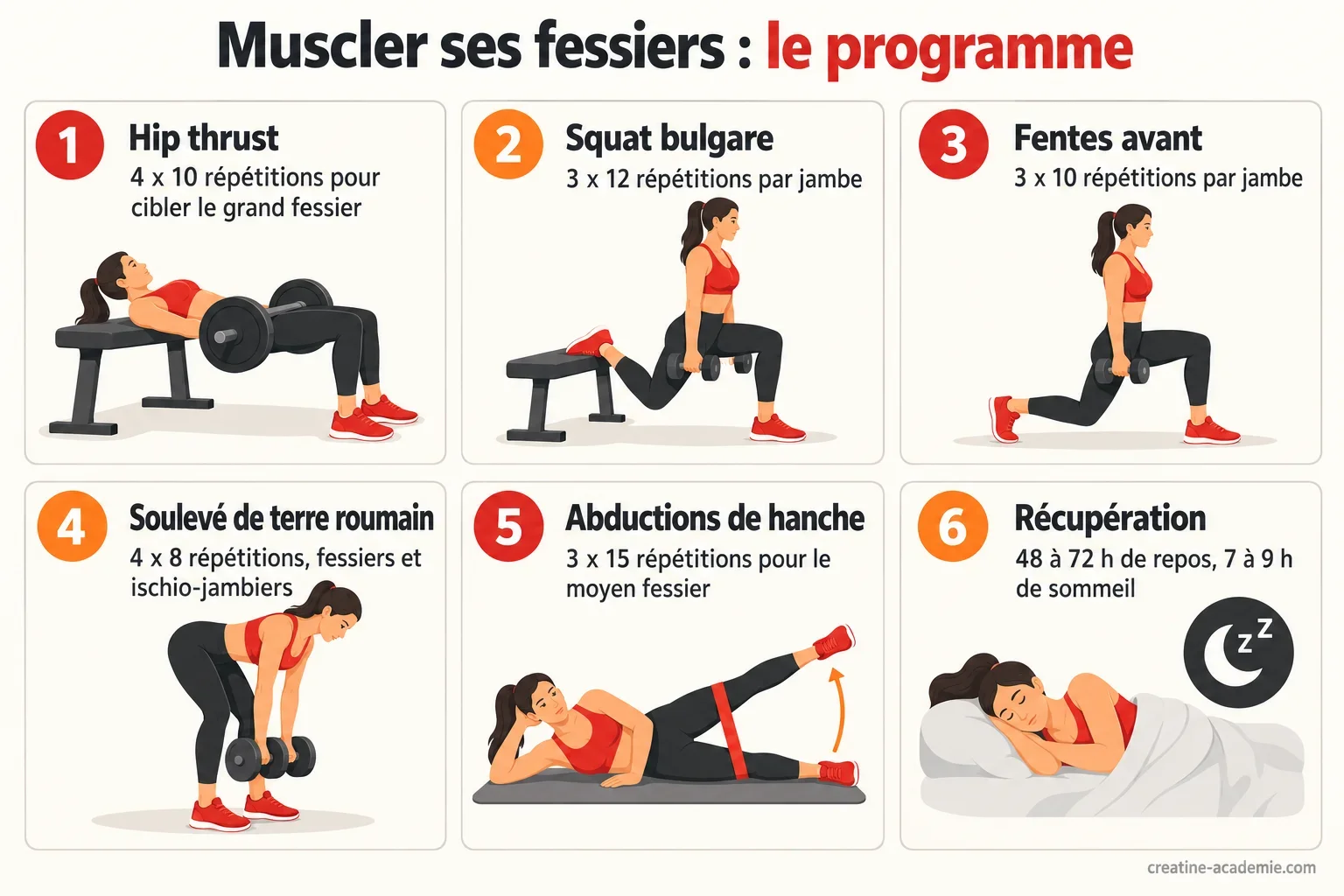 Schéma du programme fessiers pour homme : hip thrust, squat bulgare, fentes, soulevé de terre roumain et abductions de hanche