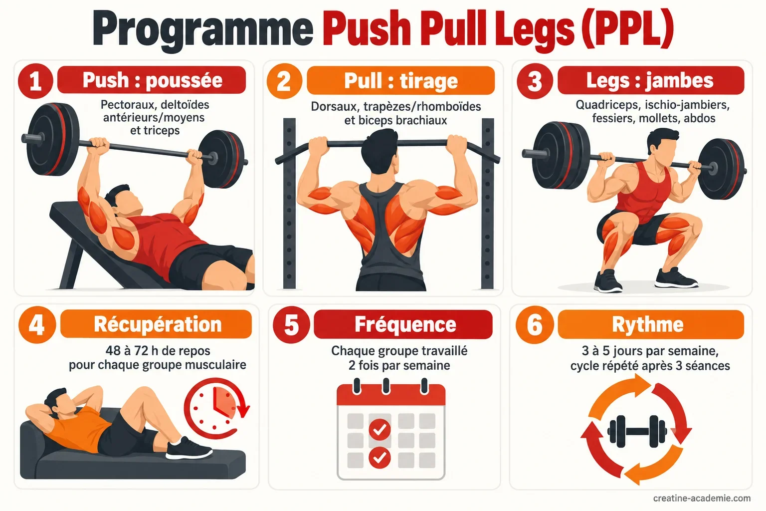 Schéma du programme Push Pull Legs : séances poussée, tirage et jambes avec les muscles ciblés et la récupération de 48 à 72 heures