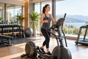 Personne faisant de l'elliptique à allure tranquille dans une salle de sport lumineuse