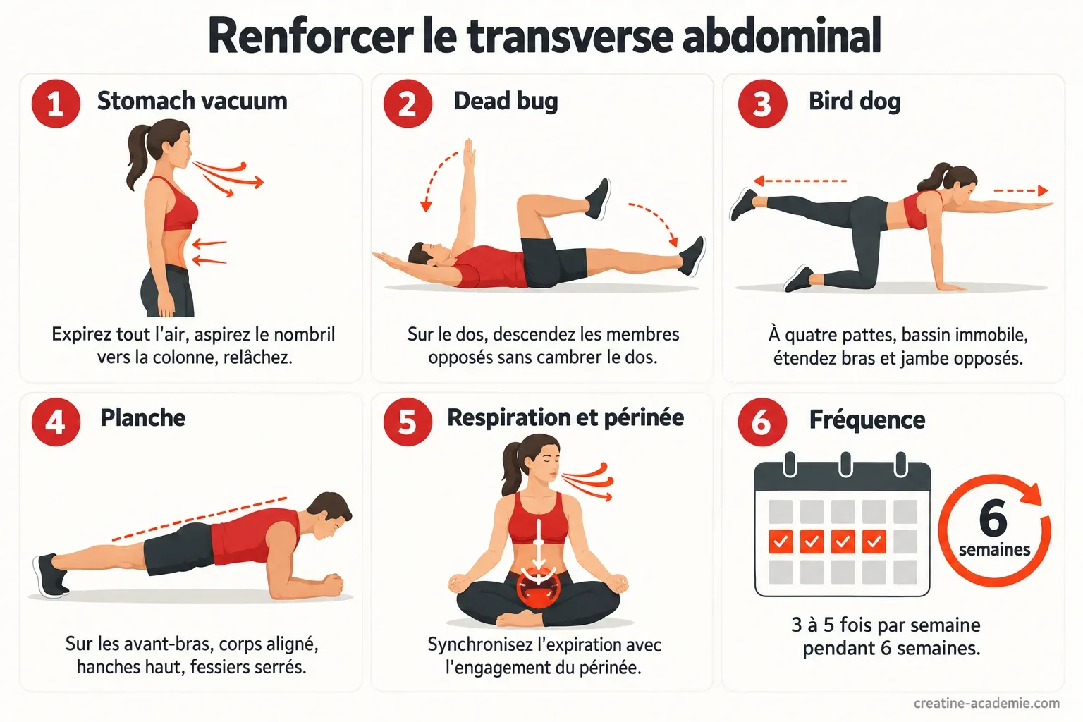 Schéma de la routine de renforcement du transverse abdominal : stomach vacuum, dead bug, bird dog et planche, avec points de technique.