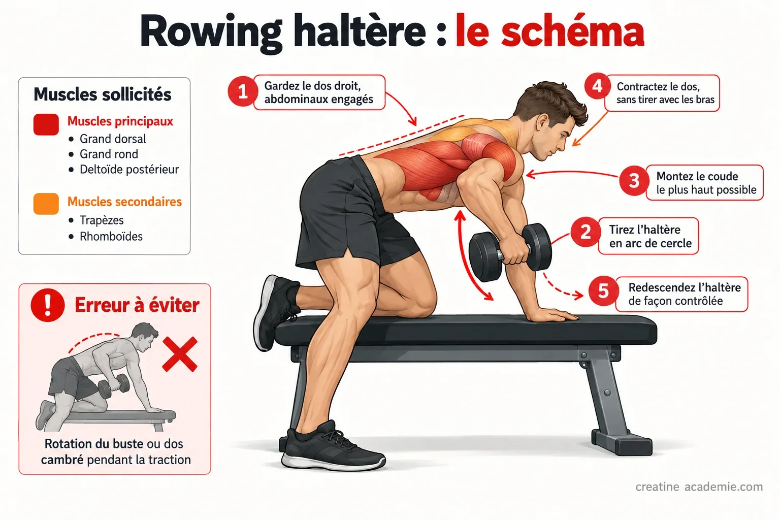 Schéma du rowing haltère vu de profil : position sur banc, muscles du dos sollicités et points clés de technique