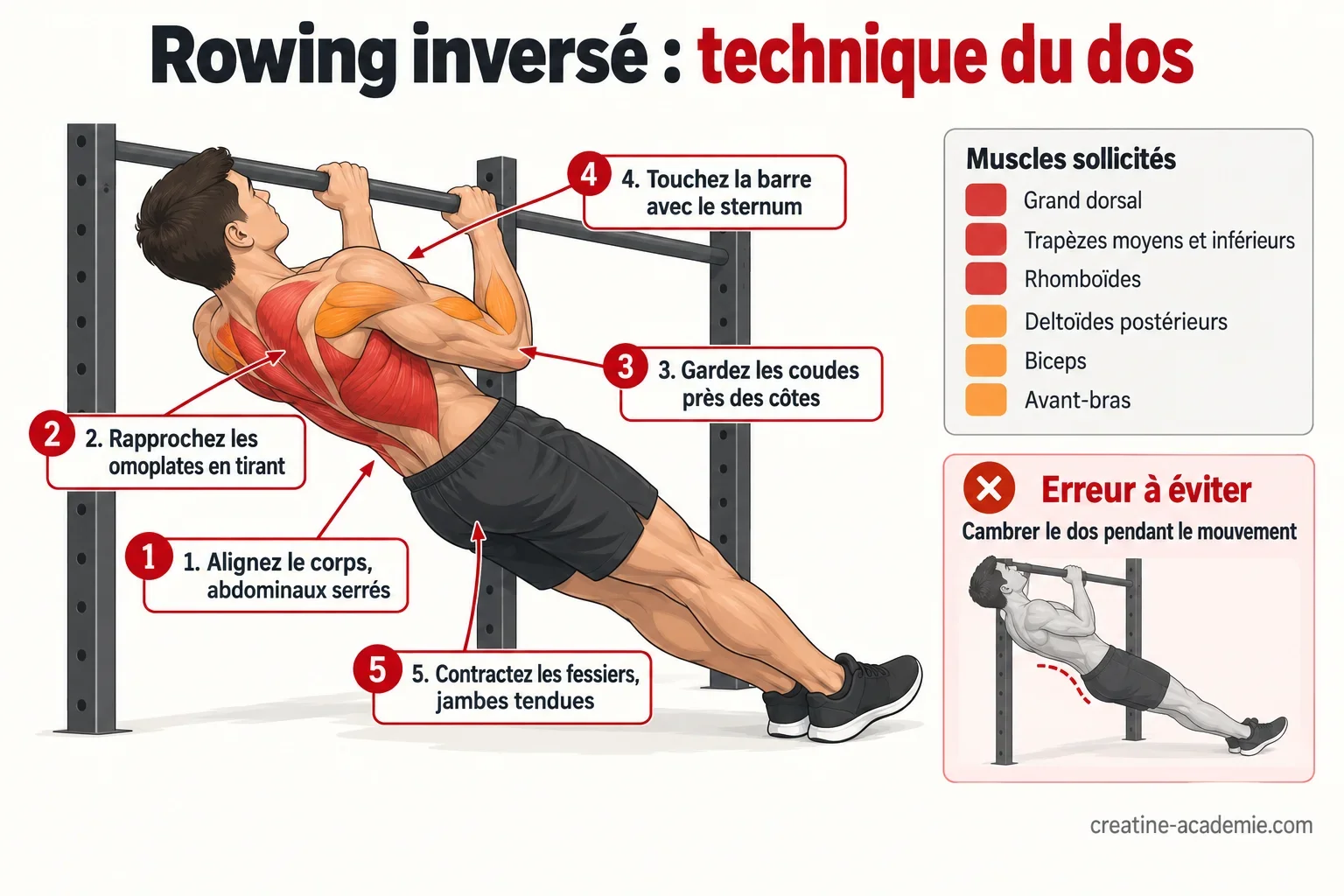Schéma du rowing inversé vu de profil : corps aligné sous la barre, sternum vers la barre, dorsaux, trapèzes et rhomboïdes mis en évidence.